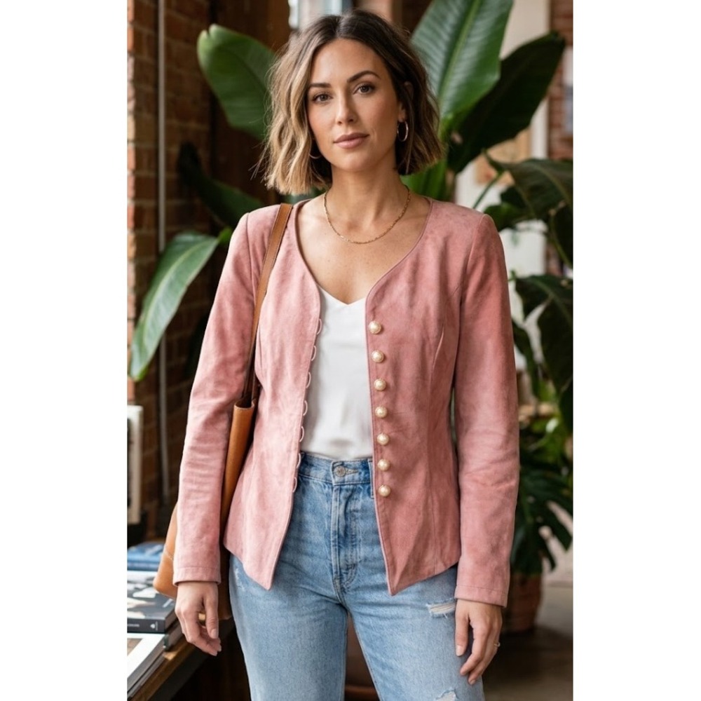Vintage Danier Suede Pearl Button Jacket Womens Pink Leather Scoop Neck L